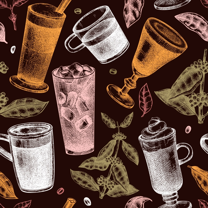 Hand-sketched coffee seamless pattern. Vector sketches of mugs with aromatic caffeine drinks background. With botanical coffee plants, leaves, and beans in vintage style. Vector beverages backdrop